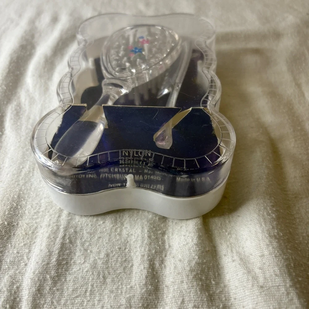 Vtg Sanitoy Childs Hairbrush & Comb Set Clear Pink/Blue Flower Orig Plastic Case